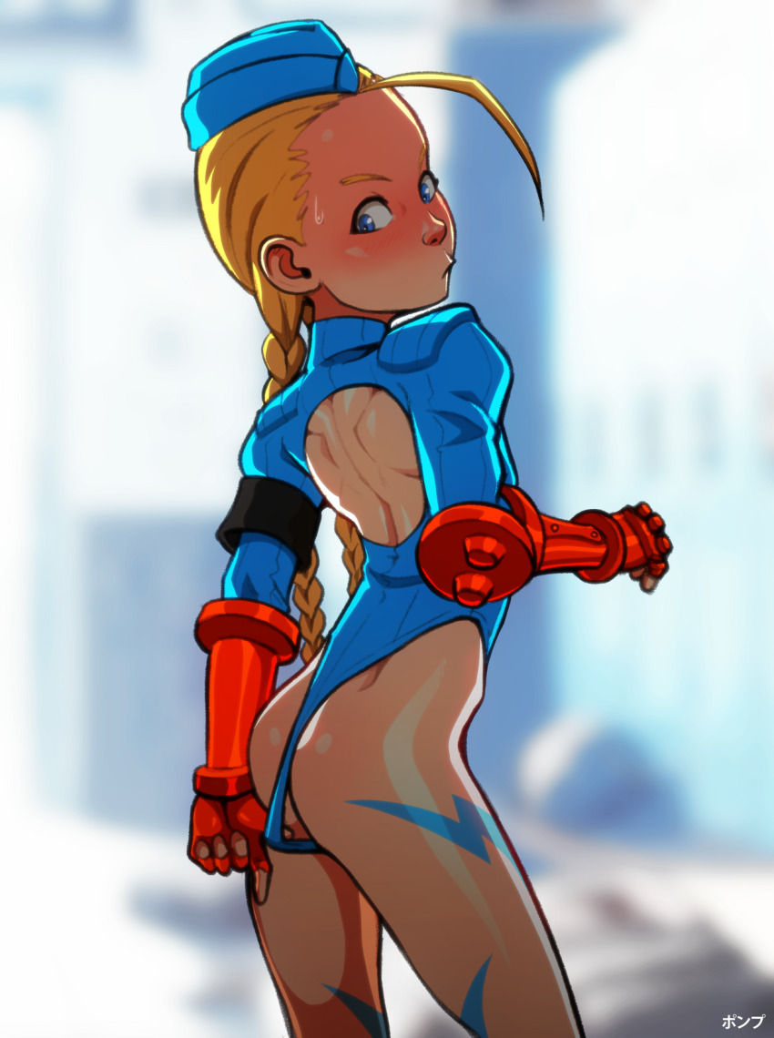 1girl adjusting_clothes age_difference aged_down ass back back_cutout blonde_hair blue_eyes blue_hat blue_leotard blurry blurry_background blush braid braided_ponytail cammy_white capcom closed_mouth clothing_cutout embarrassed eyelashes feet_out_of_frame female_focus fingerless_gloves forehead from_behind gloves hand_up hat highleg highleg_leotard highres leotard loli long_sleeves looking_back looking_down ponpu_(pumpkinsinclair) red_gloves serious solo standing street_fighter street_fighter_ii_(series)