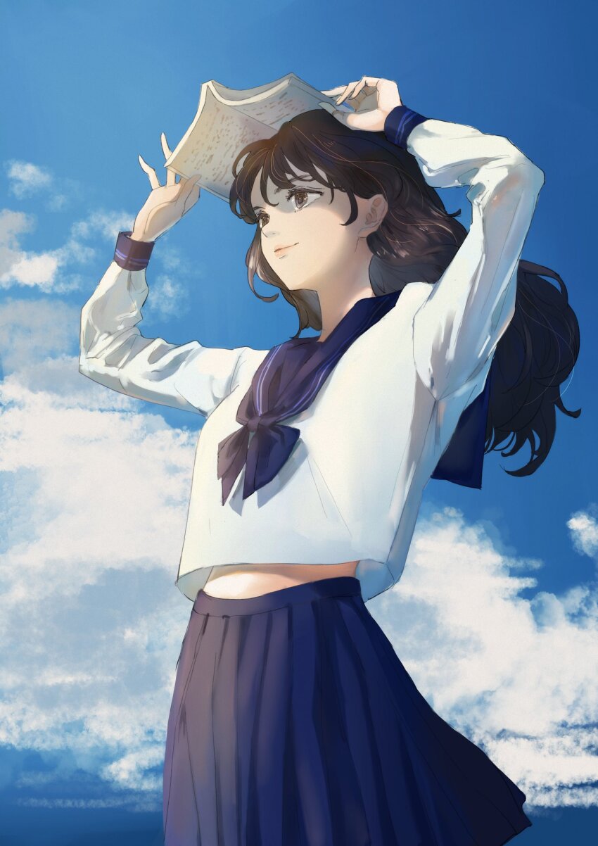 1girl black_hair blue_neckerchief blue_sailor_collar blue_skirt book brown_eyes cloud cloudy_sky day highres holding holding_book long_hair looking_afar midriff_peek neckerchief open_book original outdoors sailor_collar school_uniform serafuku shirt skirt sky solo white_shirt yatori850