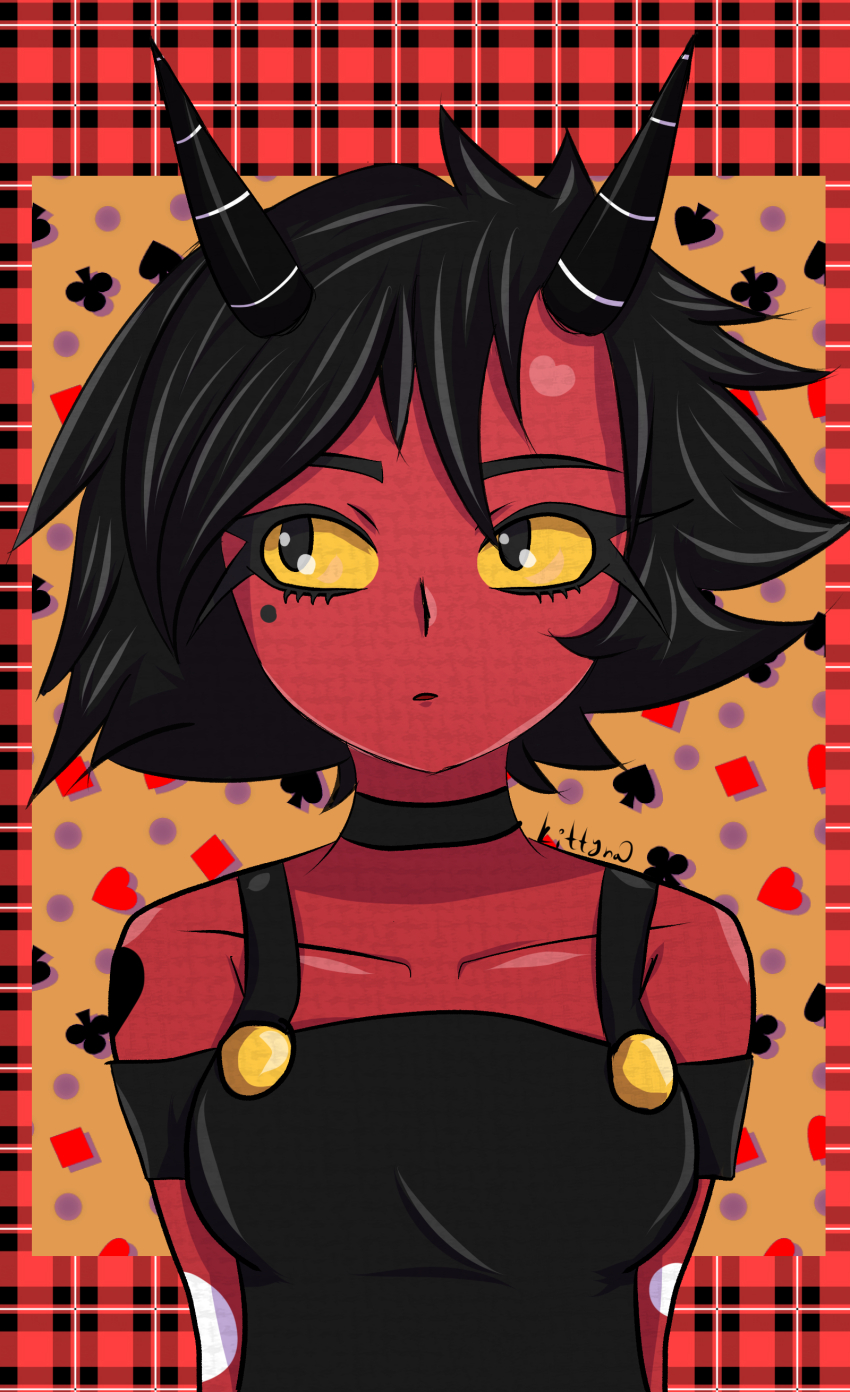 1girl absurdres arm_tattoo black_eyes black_hair collarbone demon_girl demon_horns dress helluva_boss highres horns kittakittyna looking_to_the_side millie_(helluva_boss) mole mole_under_eye short_hair tattoo