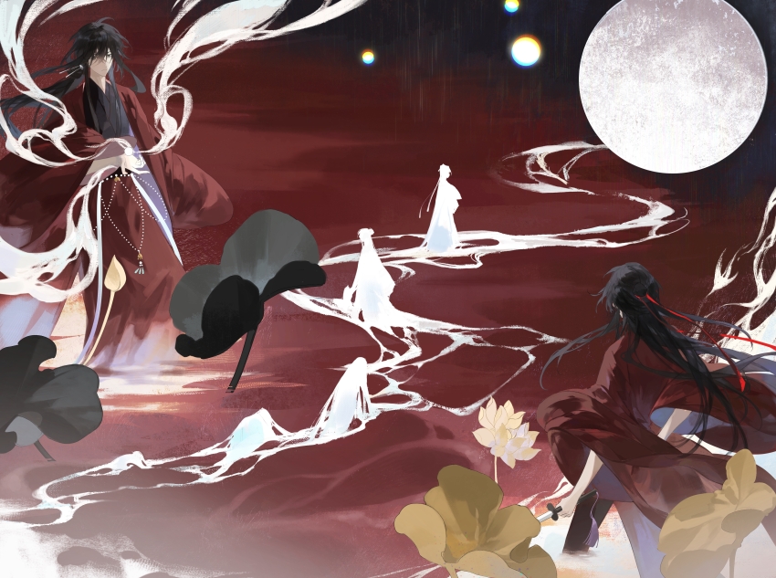 2boys absurdres black_hair black_hanfu chinese_clothes chinese_commentary cloud coat dao_gui_yi_xian dual_persona earrings facing_away floating_clothes floating_hair flower full_moon hair_bun hair_ribbon half_updo hanfu highres holding holding_sword holding_weapon jewelry li_huowang long_hair long_sleeves lotus lotus_leaf low_ponytail male_focus moon multiple_boys night night_sky ponytail red_coat red_moon red_ribbon red_water ribbon robe sash silhouette single_hair_bun sky smoke standing suibian59632 sword very_long_hair water weapon wide_sleeves