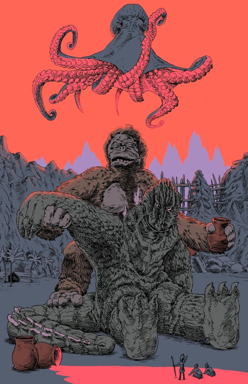 3boys ape berry_juice bill_couture crossover dinosaur drunk farou_island_native forest giant giant_monster giant_octopus_(godzilla) godzilla godzilla_(series) gorilla highres kaiju king_kong king_kong_(series) king_kong_vs._godzilla male_focus monster multiple_boys nature octopus sea_monster tail tentacles toho tree
