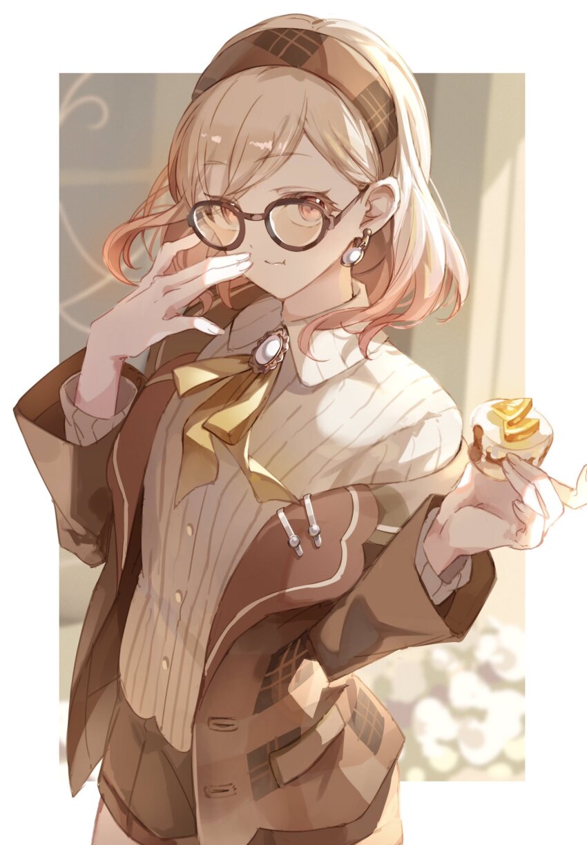 1girl \||/ black-framed_eyewear blonde_hair bloom border brooch brown_hairband brown_jacket brown_shorts collared_shirt commentary cowboy_shot dessert dress_shirt earrings food glasses hairband hands_up happy_enjoy_music!_(project_sekai) haru_same322 highres holding holding_food jacket jewelry layered_clothes long_sleeves looking_at_viewer medium_hair neck_ribbon off_shoulder official_alternate_costume official_alternate_hairstyle open_clothes open_jacket orange_eyes orange_ribbon outside_border parted_bangs pearl_earrings pout project_sekai ribbon shirt shorts solo striped_clothes striped_shirt tenma_saki vertical-striped_clothes vertical-striped_shirt white_border