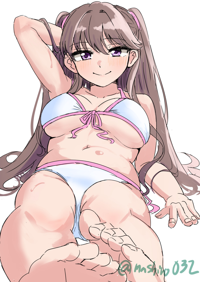 1girl absurdres arm_behind_head arm_up armpits bikini blush breasts brown_hair closed_mouth collarbone ereka feet foot_focus front-tie_bikini_top front-tie_top fujishima_megumi half-closed_eyes highres large_breasts legs link!_like!_love_live! long_hair love_live! lying navel on_back pink_trim purple_eyes seductive_gaze seductive_smile side-tie_bikini_bottom simple_background smile solo split_mouth stomach swimsuit thighs toes two_side_up virtual_youtuber water_drop white_background white_bikini