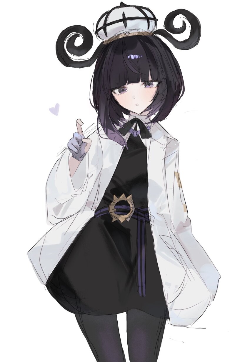 1girl :o belt belt_buckle black_dress black_hair black_pantyhose blunt_bangs bob_cut buckle coat cowboy_shot dress gloves gwynn_(pokemon) hat heart highres ikuto_191o long_sleeves looking_at_viewer nintendo o-ring o-ring_belt open_clothes open_coat open_mouth pantyhose partially_fingerless_gloves pokemon pokemon_legends:_z-a purple_eyes short_hair solo white_background white_coat