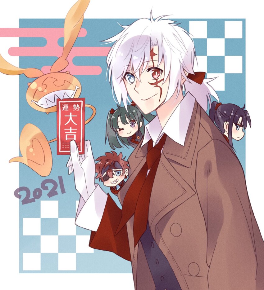1girl 3boys allen_walker badge black_coat black_headband black_order_uniform black_vest blue_background blue_eyes blue_shirt blush brown_coat card checkered_background chibi coat collared_shirt creature d.gray-man earrings eyepatch facial_mark george_man gloves golem_(d.gray-man) green_hair hair_between_eyes hair_ribbon headband heterochromia high_ponytail highres holding holding_card hoop_earrings jewelry kanda_yuu lavi lenalee_lee long_hair looking_at_another looking_at_viewer low_ponytail medium_hair military military_uniform multicolored_hair multiple_boys one_eye_closed open_mouth orange_hair ponytail purple_eyes purple_hair red_card red_eyes red_ribbon red_scarf red_stripes red_wrist_cuffs ribbon scarf sharp_teeth shirt short_ponytail sidelocks single_glove smile star_(symbol) star_facial_mark striped_coat tail teeth timcanpy trench_coat two-tone_hair vest white_gloves white_hair white_shirt wings wrist_cuffs