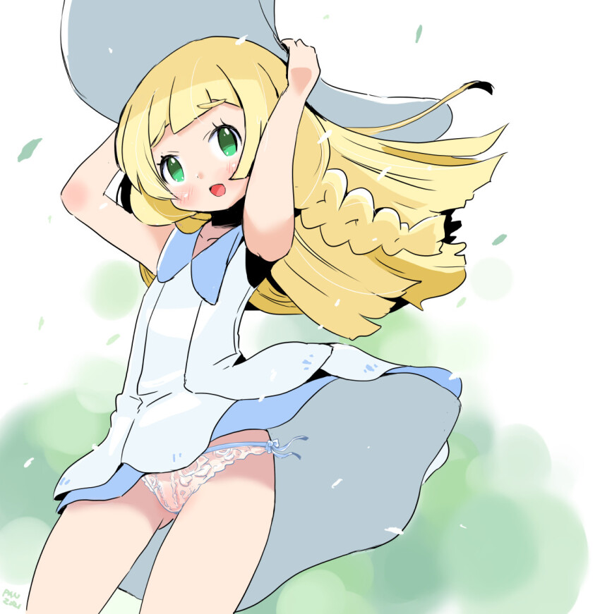 1girl arms_up blonde_hair blush braid cherry_blossoms collarbone dress flat_chest floral_print green_eyes hat highres lace lace-trimmed_panties lace_trim leaf lemon_pan lillie_(pokemon) loli long_hair looking_at_viewer nintendo open_mouth panties petals pink_panties pokemon pokemon_sm print_panties side-tie_panties sleeveless sleeveless_dress smile standing sun_hat twin_braids underwear white_dress white_hat wind wind_lift