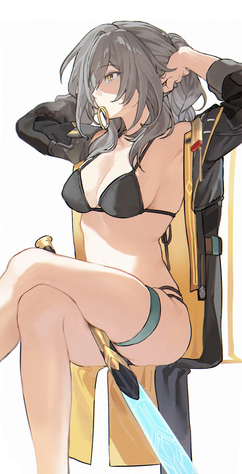 1girl arched_back arms_up ass back-tie_bikini baseball_bat between_thighs bikini biting black_bikini black_jacket breasts cleavage commentary crossed_legs curvy feet_out_of_frame grey_hair hair_over_one_eye hair_tie hands_up hat highres honkai:_star_rail honkai_(series) jacket long_hair long_sleeves looking_ahead meat7955 medium_breasts mouth_hold narrow_waist open_clothes open_jacket revealing_clothes simple_background sitting skindentation solo stelle_(honkai:_star_rail) swimsuit symbol-only_commentary thick_thighs thigh_strap thighs trailblazer_(honkai:_star_rail) two-sided_fabric two-sided_jacket tying_hair white_background yellow_eyes