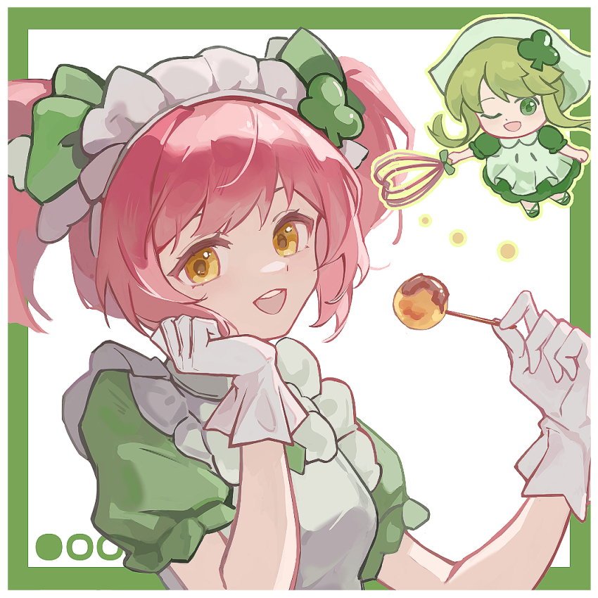 2girls amulet_clover ankle_socks apron border bow chibi club_hair_ornament collared_dress dot_nose dress eyelashes floating floating_hair food frilled_apron frilled_gloves frills gloves green_border green_bow green_dress green_eyes green_hair green_headscarf green_outline green_shoes hair_bow hand_on_own_cheek hand_on_own_face happy headscarf hinamori_amu holding holding_toothbrush holding_whisk light_blush loose_hair_strand magical_girl maid maid_headdress medium_dress multiple_girls one_eye_closed open_mouth outline outside_border pink_hair puffy_short_sleeves puffy_sleeves shoes short_hair short_hair_with_long_locks short_sleeves short_twintails shugo_chara! smile socks suu_(shugo_chara!) swept_bangs takoyaki tangchaolilizi_kuriko teeth toothbrush twintails upper_body upper_teeth_only whisk white_apron white_background white_gloves white_socks yellow_eyes