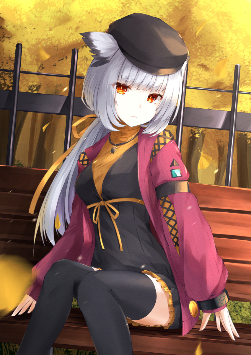 1girl animal_ears arknights armband black_dress black_hat black_thighhighs cardigan commentary_request dress hat highres long_hair low_ponytail official_alternate_costume orange_eyes orange_sweater outdoors owl_ears partial_commentary ponytail ptilopsis_(arknights) ptilopsis_(serenity)_(arknights) purple_cardigan sweater thighhighs turtleneck turtleneck_sweater yuki-san_(wdtm_yuki)