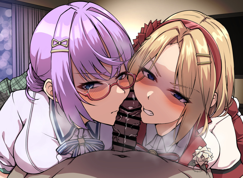1boy 2girls 4tb_(4tera_byte) bar_censor blonde_hair blue_eyes blush breasts censored closed_mouth collared_shirt commentary_request commission disgust drill_hair ffm_threesome glasses green_skirt grin group_sex hair_intakes hair_ornament hairband hairclip heaven_burns_red hetero highres higuchi_seika indoors looking_at_viewer medium_breasts medium_hair minase_ichigo multiple_girls navel parted_bangs penis penis_on_face plaid_clothes plaid_skirt pleated_skirt pov pov_crotch purple_hair red-framed_eyewear red_hairband semi-rimless_eyewear shaded_face shirt short_sleeves skeb_commission skirt smile steam threesome twin_drills v-shaped_eyebrows variant_set white_shirt