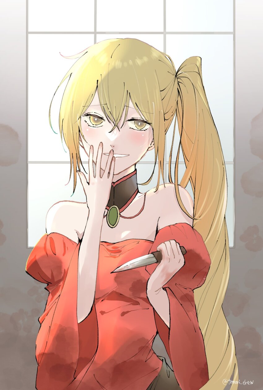 1girl akita_neru backlighting banica_conchita banica_conchita_(cosplay) bare_shoulders blonde_hair blush breasts brooch choker cosplay covering_own_mouth dagger detached_collar dress evil_grin evil_smile evillious_nendaiki grin half-closed_eyes hand_to_own_mouth highres holding holding_dagger holding_knife holding_weapon jewelry knife laughing long_hair looking_at_viewer narrow_waist ney_phutapie off-shoulder_dress off_shoulder ojou-sama_pose possessed red_dress shinon_no_tokeitou_(vocaloid) side_ponytail small_breasts smile smug solo tomari_drew twitter_username very_long_hair weapon window yellow_eyes yellow_nails