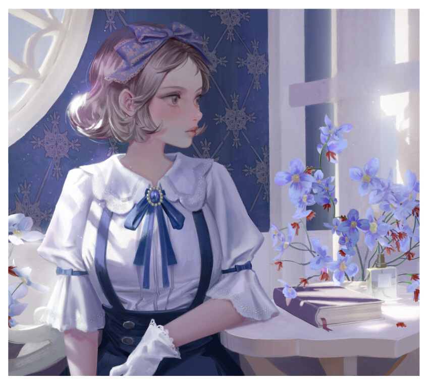 1girl absurdres blue_gemstone blue_ribbon blue_skirt book border bottle bow breasts closed_mouth collared_shirt commentary cowboy_shot english_commentary flower gem gloves grey_eyes grey_hair hair_bow highres indoors light_blush lips looking_afar medium_breasts neck_ribbon original perfume_bottle puffy_sleeves purple_bow purple_flower ribbon shirt short_hair sitting skirt three-quarter_sleeves solo suspender_skirt suspenders table white_border white_gloves white_shirt wowmoto2