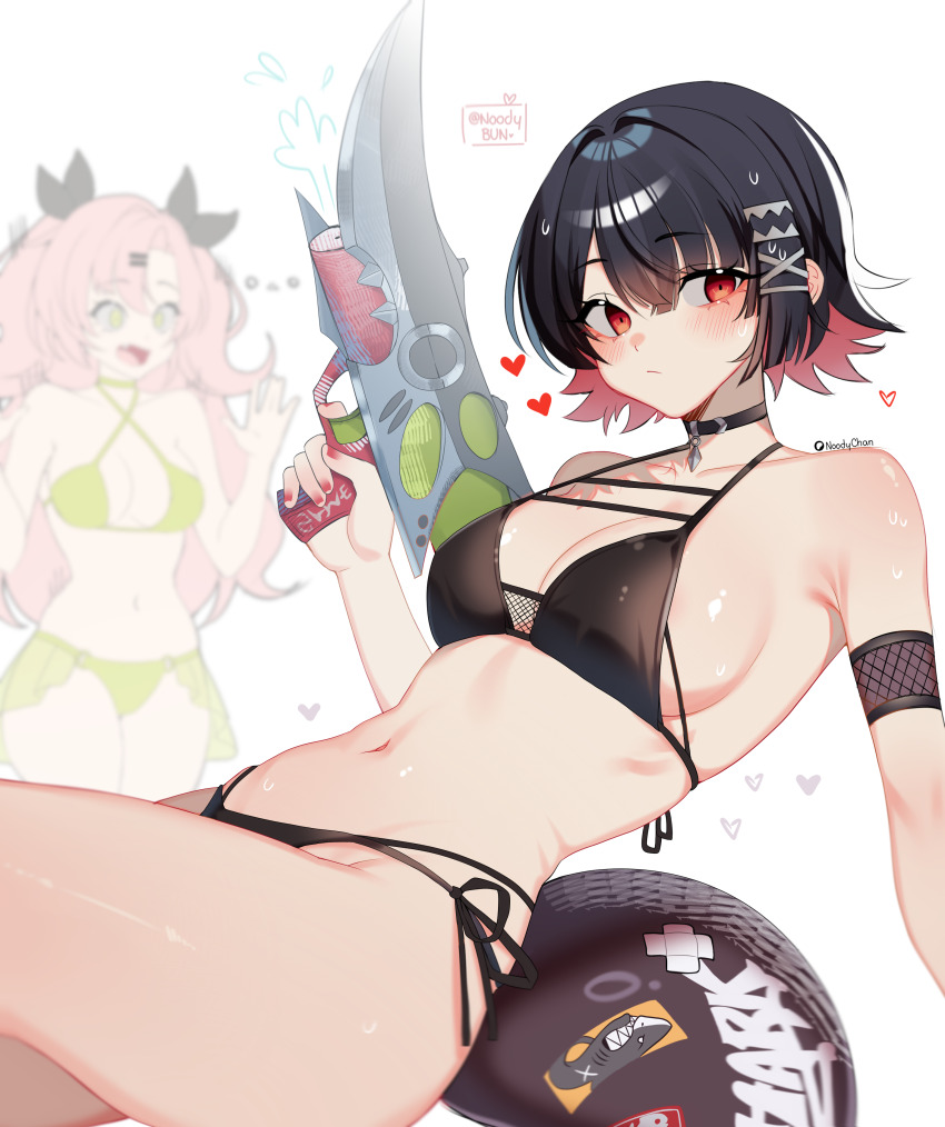 2girls absurdres alternate_costume armlet artist_name bikini black_bikini black_hair bow breasts choker closed_mouth commentary ellen_joe english_commentary fins fish_tail fishnets green_bikini green_eyes heart highres holding holding_water_gun jewelry large_breasts leaning_back light_blush long_hair looking_at_viewer medium_breasts multicolored_hair multiple_girls nail_polish navel nicole_demara noodychaan open_mouth red_eyes ribbon shark_girl shark_tail short_hair sideboob simple_background solo_focus stomach sweatdrop swimsuit tail two-tone_hair water_gun white_background zenless_zone_zero