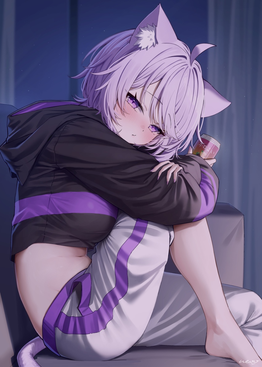 1girl absurdres ahoge ai_(u_e_o_o) animal_ears asymmetrical_pants barefoot black_hoodie blush breasts can cat_ears cat_girl cat_tail closed_mouth commentary_request cropped_hoodie feet from_side highres holding holding_can hololive hood hoodie indoors knee_up large_breasts long_sleeves looking_at_viewer messy_hair midriff navel nekomata_okayu nekomata_okayu_(1st_costume) pants purple_eyes purple_hair short_hair sitting solo sweatpants tail virtual_youtuber white_pants