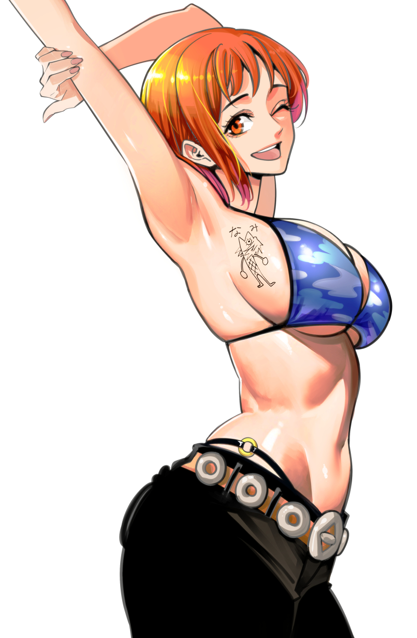 1girl absurdres arms_up belt bikini bikini_top_only black_pants body_writing highres looking_at_viewer midriff nadainishi nami_(one_piece) nami_(one_piece)_(skypiea) navel one_eye_closed one_piece open_mouth orange_hair pants short_hair simple_background smile solo string_bikini swimsuit tattoo white_background