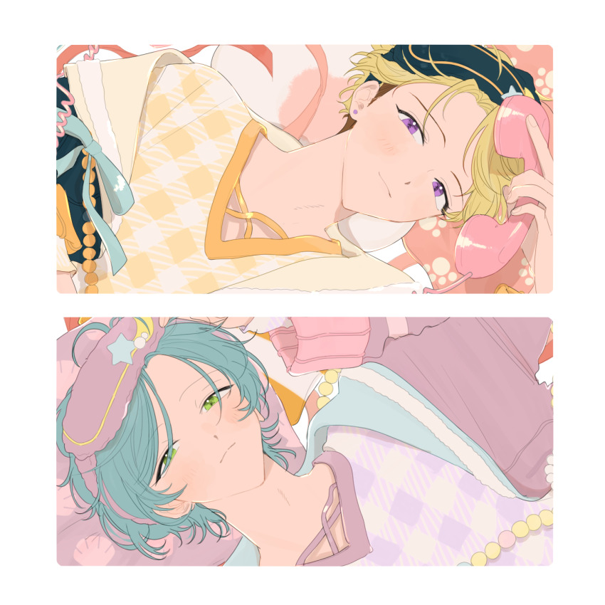 2boys aqua_hair beads blonde_hair blue_ribbon border ensemble_stars! eye_mask green_eyes highres holding holding_phone kyo_sla_1415 light_smile long_sleeves looking_at_viewer multiple_boys narukami_arashi official_alternate_costume pajamas paw_print phone plaid_clothes plaid_shirt purple_eyes ribbon shinkai_kanata shirt short_hair white_border