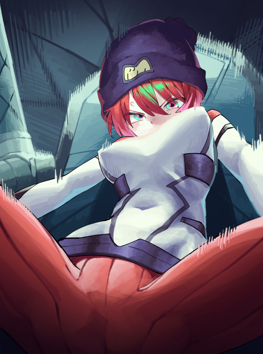 1girl absurdres amate_yuzuriha aqua_eyes beanie breasts cockpit commentary covered_navel gundam gundam_gquuuuuux hair_between_eyes hat highres mecha_pilot_suit medium_breasts motion_lines multicolored_eyes red_hair short_hair sitting solo vivo_(vivo_sun_0222)