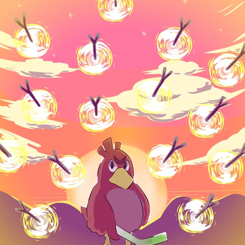 bird cloud creatures_(company) farfetch&#039;d fate/stay_night fate/unlimited_blade_works fate_(series) food game_freak gen_1_pokemon highres hill holding holding_food holding_spring_onion holding_vegetable mumu_314112 nintendo no_humans outdoors pokemon pokemon_(creature) solo spring_onion sunset unlimited_blade_works_(reality_marble) vegetable
