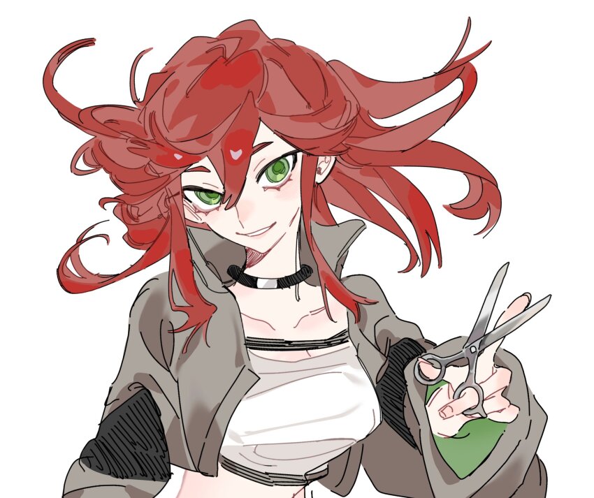 1girl black_choker choker crop_top gachiakuta green_eyes grey_jacket highres holding holding_scissors jacket long_sleeves looking_at_viewer medium_hair red_hair riyo_reaper scissors sidelocks simple_background smile solo tobiuo_rd