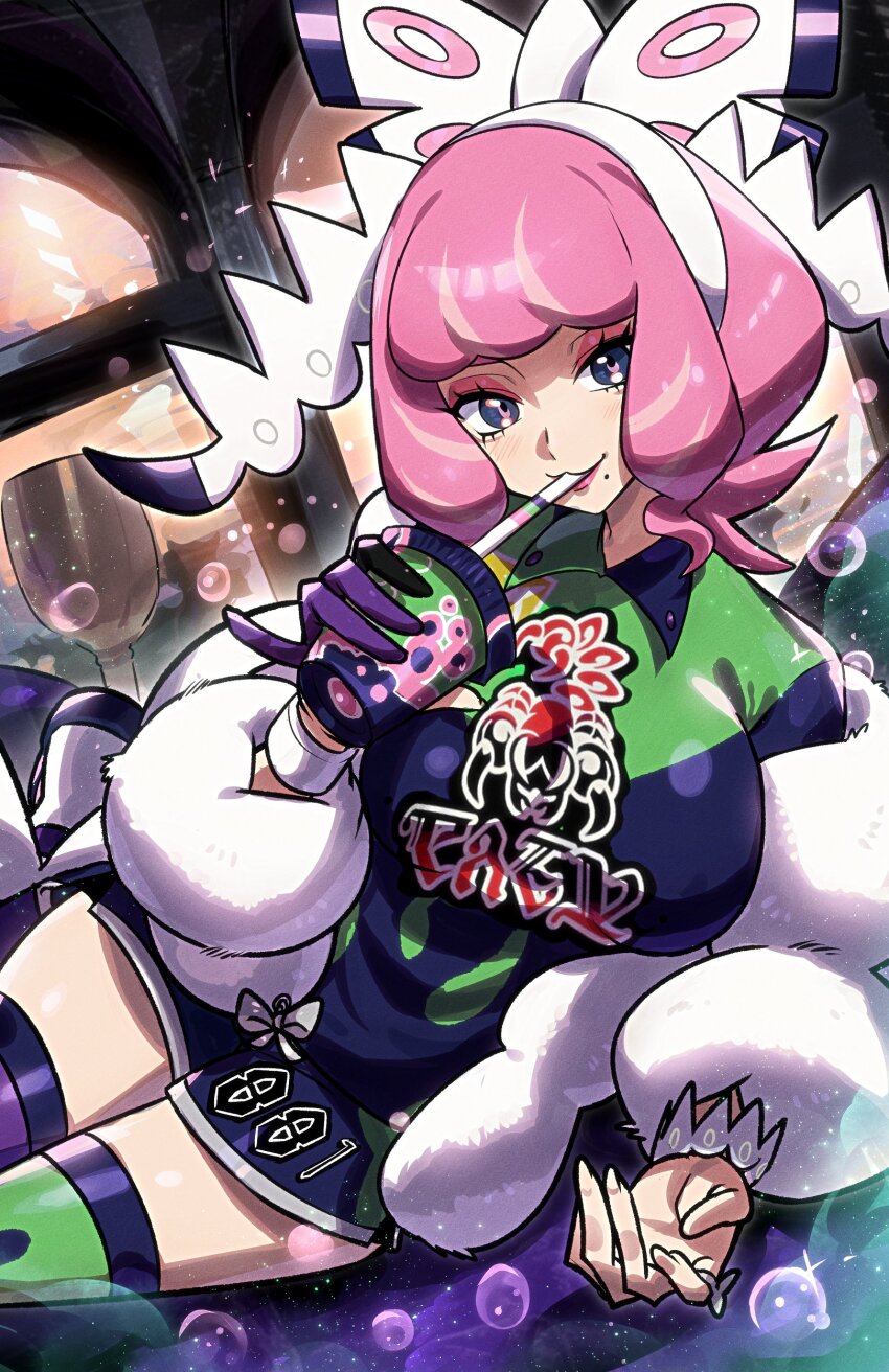 1girl absurdres bow breasts collared_shirt cup drill_hair drinking_straw dynamax_band eyeshadow flipped_hair fur_jacket gloves hairband hand_up highres holding holding_cup jacket klara_(pokemon) makeup medium_breasts mole mole_under_mouth nintendo pink_eyeshadow pink_hair pink_lips pokemon pokemon_swsh print_shirt print_shorts purple_eyes ryairyai shirt short_hair shorts side_slit side_slit_shorts single_glove smile solo thighhighs twin_drills white_bow white_hairband