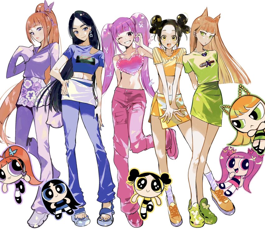 5girls animal_ears animification black_hair blue_footwear blue_pants blue_shirt blue_skirt cartoonized crop_top cropped_shirt danielle_(newjeans) everyone get_up_(newjeans) green_eyes green_footwear green_shirt green_skirt haerin_(newjeans) hair_behind_ear hanni_(newjeans) head_tilt highres hyein_(newjeans) k-pop long_hair looking_at_viewer midriff minji_(newjeans) multiple_girls navel newjeans one_eye_closed orange_shirt orange_shoes orange_skirt pants pink_shoes ponytail powerpuff_girls purple_footwear purple_pants purple_skirt quad_bun real_life remon_(10112) sandals shirt shoes simple_background skirt sneakers socks toon_(style) very_long_hair white_background white_socks y2k_fashion