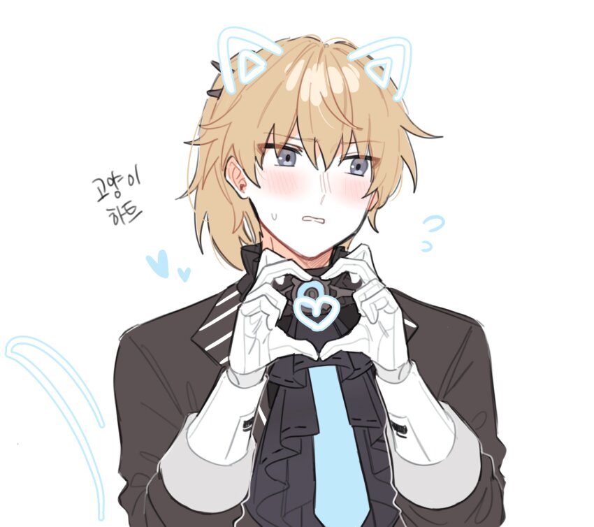 1boy ascot black_ascot black_jacket blush character_request copyright_request grey_eyes heart heart_hands heart_in_heart_hands highres jacket lee:_entropy_(illusionist)_(pgr) lee:_entropy_(pgr) lee_(pgr) light_brown_hair mechanical_hands myam_(123ab456c) ponytail sweat sweatdrop translation_request white_background
