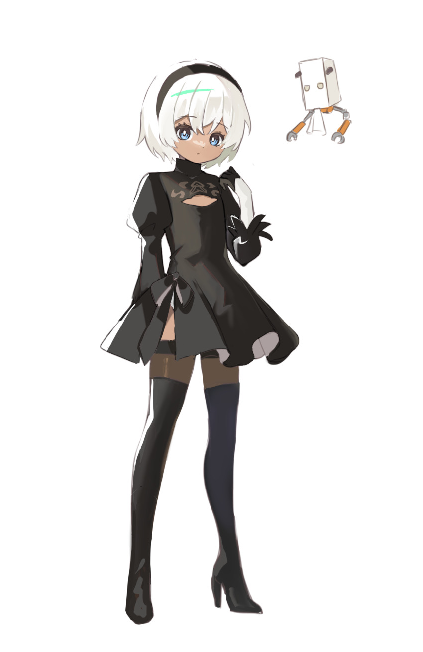 1boy 2b_(nier:automata) 2b_(nier:automata)_(cosplay) androgynous black_boots black_dress black_hairband black_thighhighs blue_eyes boots bright_pupils closed_mouth commentary_request cosplay crossdressing dress eyelashes floating full_body hairband high_heel_boots high_heels highres looking_at_viewer male_focus metaphor:_refantazio nier:automata nier_(series) non-humanoid_robot pkin_cheezpie pod_(nier:automata) protagonist_(metaphor:_refantazio) robot simple_background solo standing thigh_boots thighhighs trap white_background white_hair white_pupils