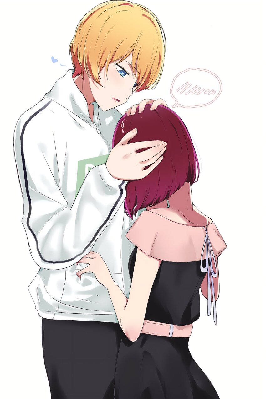 1boy 1girl arima_kana belt black_dress black_pants blonde_hair dress from_side highres hood hood_down hooded_jacket hoshino_aquamarine hug jacket oshi_no_ko pants red_hair risdelusions short_hair short_sleeves simple_background speech_bubble spoken_blush white_jacket