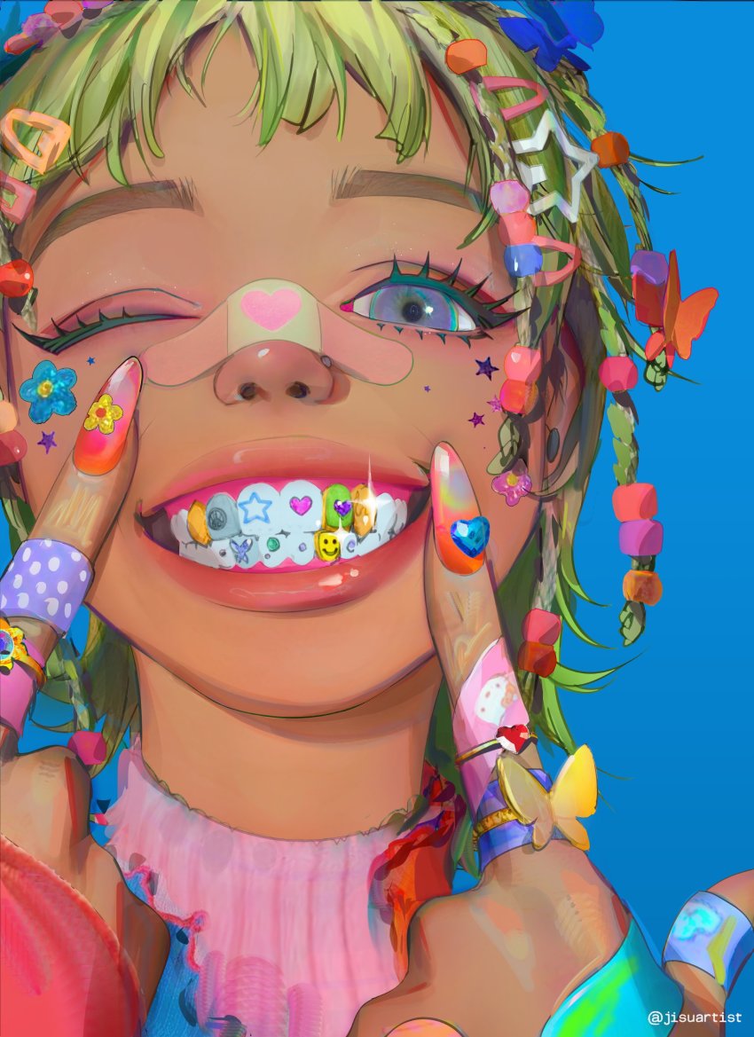 1girl absurdres bandaid bandaid_on_face bandaid_on_hand bandaid_on_nose beads blue_background blue_eyes blue_nails braid butterfly_hair_ornament butterfly_ring colored_teeth commentary dark-skinned_female dark_skin decora english_commentary eyeshadow eyeshadow_under_eye flower_sticker frilled_shirt_collar frills green_hair green_nails green_teeth grills hair_beads hair_ornament hairclip hello_kitty hello_kitty_(character) highres jewelry jisuart lips looking_at_viewer makeup multicolored_eyes multicolored_nails nail_polish nose one_eye_closed open_mouth orange_nails orange_teeth original pink_eyeshadow pink_lips pink_nails portrait purple_eyes ring sanrio shiny_lips simple_background smile solo star_(symbol) star_hair_ornament star_sticker sticker_on_face teeth twitter_username yellow_teeth