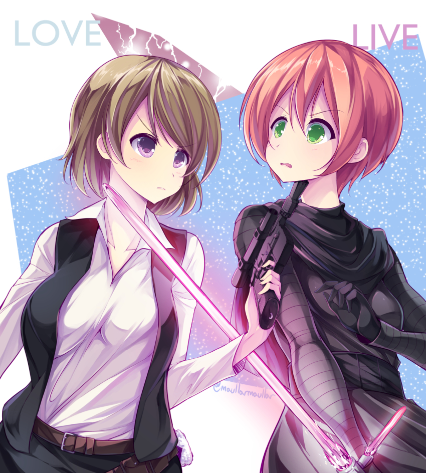 2girls belt blaster_(star_wars) breasts brown_hair commentary copyright_name cosplay energy_gun energy_sword gloves green_eyes han_solo han_solo_(cosplay) highres hoshizora_rin koizumi_hanayo kylo_ren kylo_ren_(cosplay) lightsaber long_sleeves looking_at_another love_live! love_live!_school_idol_project maullarmaullar multiple_girls orange_hair parody parted_lips purple_eyes short_hair signature star_wars star_wars:_the_force_awakens sword text_focus twitter_username vest weapon