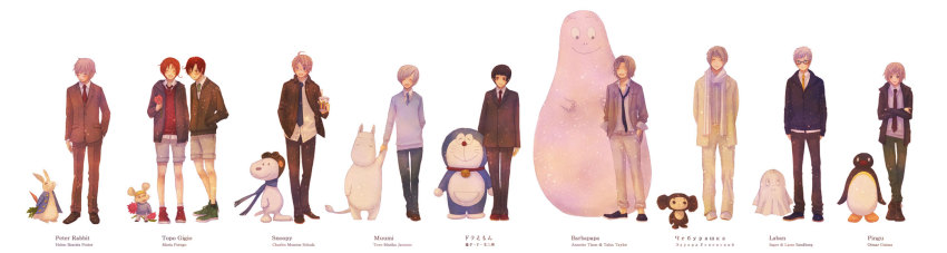 00s 1970s_(style) 6+boys ahoge america_(hetalia) aviator_cap axis_powers_hetalia barbapapa beagle bird black_hair brown_hair carrot character_request cheburashka closed_eyes crossover doraemon doraemon_(character) finland_(hetalia) flower formal_clothes france_(hetalia) full_body goggles goggles_on_head grey_hair highres holding_hands japan_(hetalia) kotouke long_image long_sleeves male_focus mcdonald&#039;s moomin moomintroll multiple_boys multiple_crossover mumintrollet necktie northern_italy_(hetalia) oldschool orange_hair pants peanuts_(comic) penguin pingu plant retro_artstyle russia_(hetalia) scarf shoes shorts smile sneakers snoopy southern_italy_(hetalia) suit sweden_(hetalia) switzerland_(hetalia) topo_gigio topo_gigio_(character) united_kingdom_(hetalia) white_background wide_image