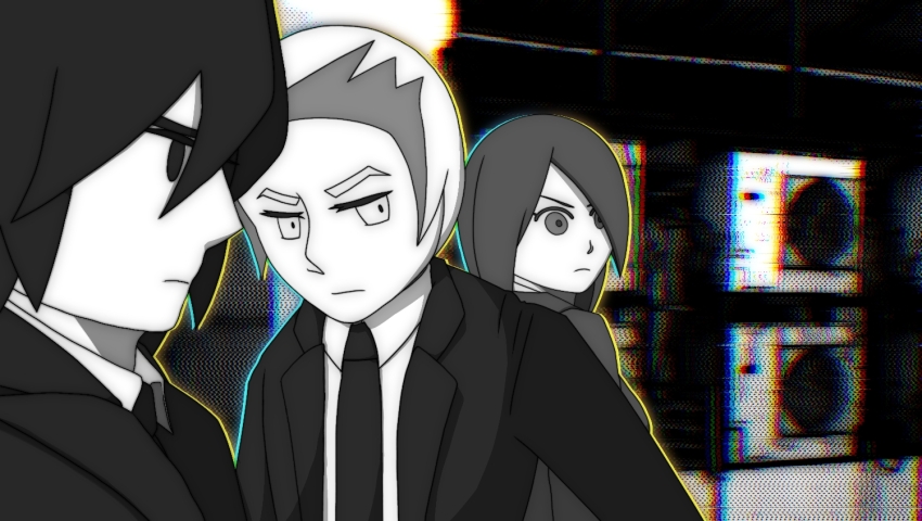 1boy 1girl 2boys black_eyes black_hair chromatic_aberration closed_mouth collared_shirt formal_clothes formal_clothes greyscale hair_over_one_eye jacket mii_(nintendo) mii_brawler mii_brawler_(smash_ultimate) mii_gunner mii_gunner_(smash_ultimate) mii_swordfighter mii_swordfighter_(smash_ultimate) monochrome multiple_boys necktie nintendo shirt short_hair suit super_smash_bros. upper_body yuufuan_&amp;_buran