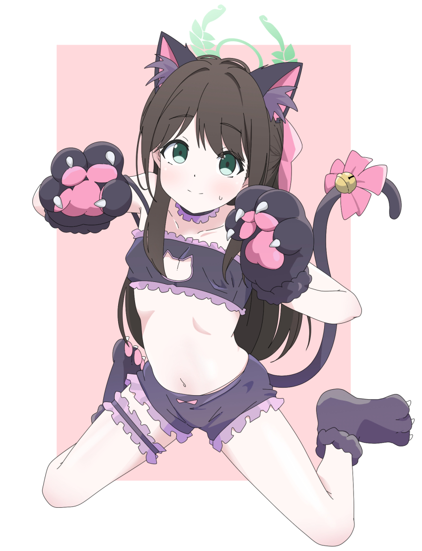 1girl airi_(blue_archive) animal_ears animal_hands bell black_bra black_gloves black_hair black_panties blue_archive blush bra breasts cat_cutout cat_ears cat_lingerie cat_paws cat_tail closed_mouth clothing_cutout cosplay fake_animal_ears fake_tail frilled_thigh_strap full_body gloves green_eyes green_halo halo highres jingle_bell long_hair looking_at_viewer meme_attire navel nyaru_(nyaru_4126) onii-chan_wa_oshimai! oyama_mahiro oyama_mahiro_(cosplay) panties paw_gloves small_breasts solo tail thigh_strap underwear