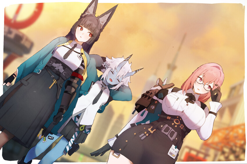 3girls 7neet absurdres animal_ears black_gloves black_hair black_skirt blue_skin blunt_bangs blush breasts cityscape closed_eyes colored_skin cowboy_shot dress_shirt fingerless_gloves fox_ears fox_girl gauntlets gloves high-waist_skirt highres hoshimi_miyabi large_breasts long_hair looking_at_another looking_to_the_side multiple_girls oni outdoors pencil_skirt pink_eyes pink_hair pointy_ears red_eyes shirt short_hair sidelocks skirt soukaku_(zenless_zone_zero) tsukishiro_yanagi walking white_hair white_shirt yuri zenless_zone_zero