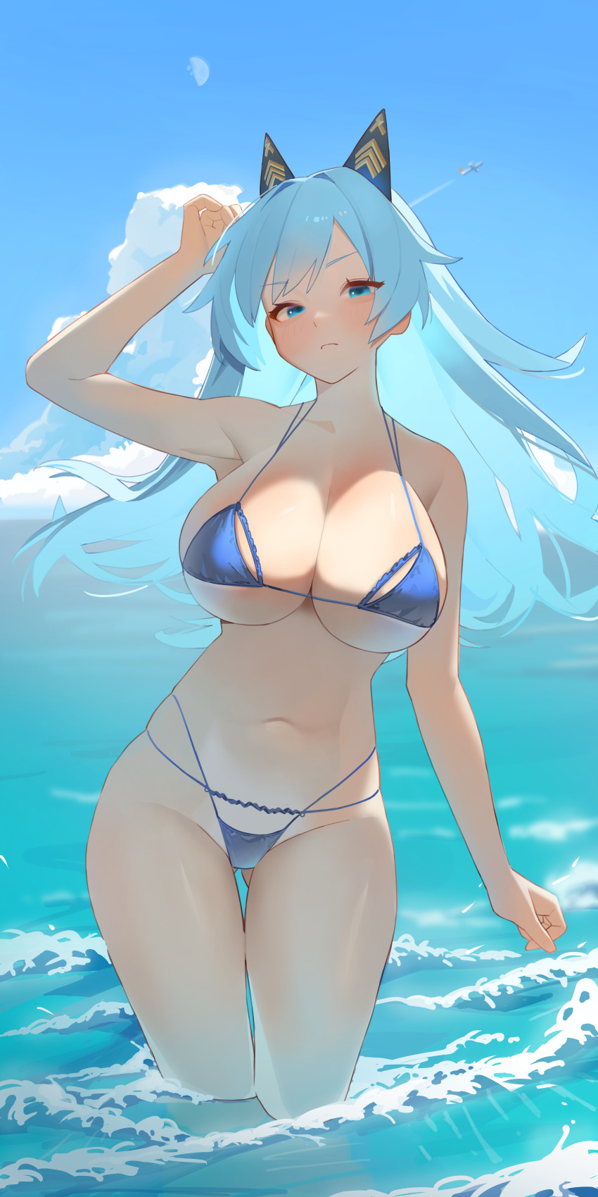 1girl absurdres arm_up bare_arms bikini blue_bikini blue_eyes blue_hair blue_sky breasts cleavage closed_mouth day goddess_of_victory:_nikke helm_(aqua_marine)_(nikke) helm_(nikke) highres holypotato0 incredibly_absurdres large_breasts long_hair looking_at_viewer navel outdoors sky solo swimsuit wading water