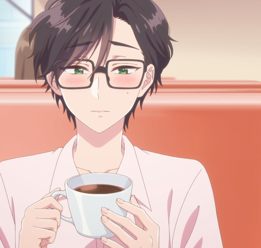 1girl anime_screenshot black_hair blush brown_hair coffee coffee_mug cup glasses green_eyes highres looking_down mug otaku_ni_koi_wa_muzukashii reverse_trap sakuragi_kou solo stitched third-party_edit tomboy