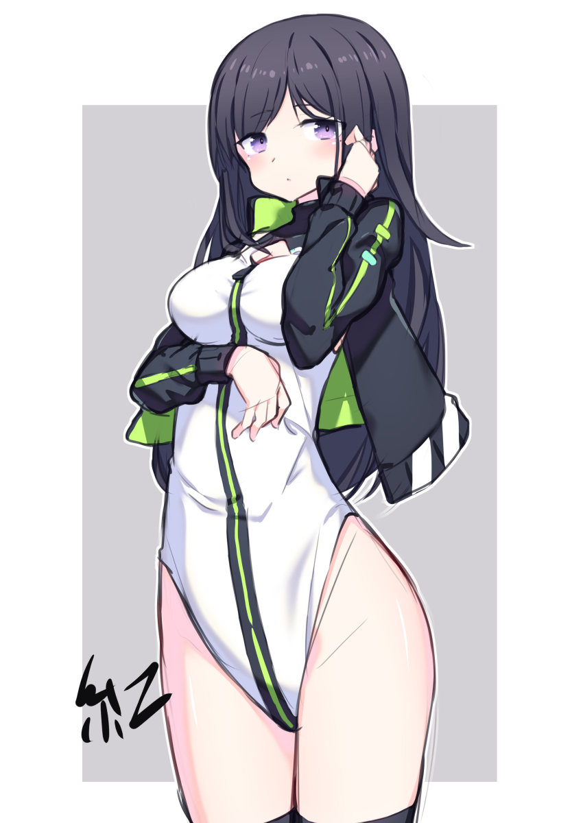 1girl absurdres alice_gear_aegis ben1shoga black_hair black_jacket black_thighhighs border breasts circle_cutout cleavage_cutout clothing_cutout commentary_request companion/af covered_collarbone front_zipper full-length_zipper grey_background heattech_leotard highleg highleg_leotard highres jacket kagome_misaki leotard long_hair medium_breasts multicolored_leotard purple_eyes race_queen sleeveless_turtleneck_leotard solo thighhighs turtleneck two-tone_background two-tone_leotard white_border white_leotard zipper zipper_leotard zipper_pull_tab