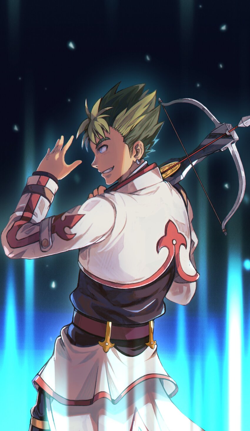 1boy absurdres blue_eyes bow_(weapon) cropped_jacket crossbow earrings eiyuu_densetsu from_side green_hair grin highres holding holding_crossbow holding_weapon jewelry kevin_graham smile solo sora_no_kiseki spiked_hair starequiems weapon