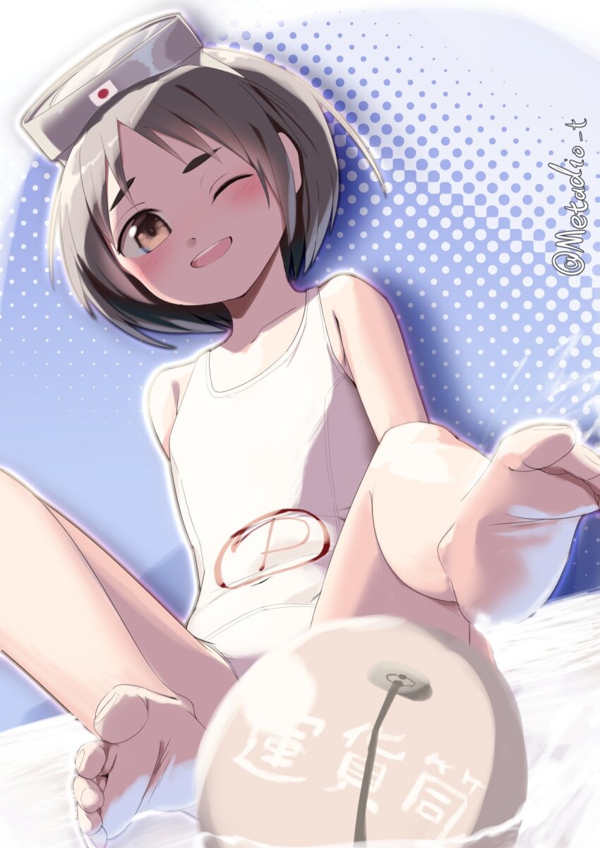 1girl brown_eyes diving_mask diving_mask_on_head fp-45_liberator goggles goggles_on_head gun handgun highres kantai_collection looking_at_viewer maru-yu_(kancolle) metadio one-hour_drawing_challenge one-piece_swimsuit one_eye_closed open_mouth school_swimsuit short_hair sitting solo swimsuit water weapon white_one-piece_swimsuit