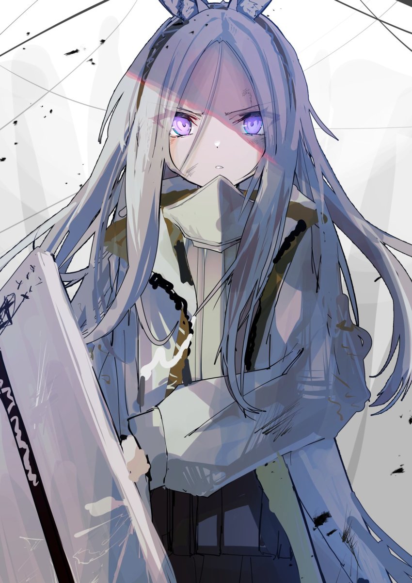 1girl animal_ear_fluff animal_ears arknights black_skirt commentary_request eyes_visible_through_hair glowing glowing_eyes grey_hair grey_jacket heavyrain_(arknights) highres jacket kamiya_mitobe long_hair long_sleeves looking_at_viewer open_clothes open_jacket parted_bangs parted_lips puffy_long_sleeves puffy_sleeves purple_eyes shield sketch skirt solo very_long_hair zebra_ears