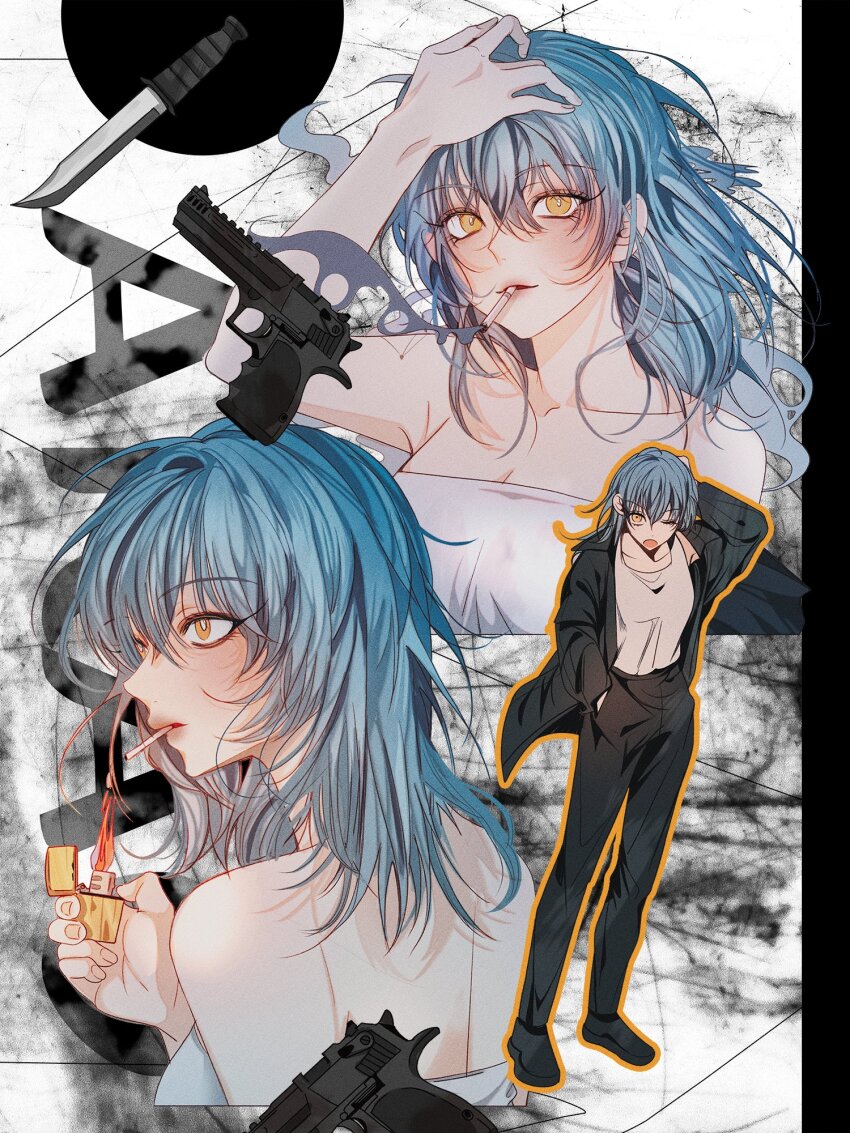 1girl akao_rion black_jacket black_pants blue_hair cigarette gun hand_on_own_head highres holding holding_lighter jacket knife lighter looking_at_viewer multiple_views one_eye_closed pants sakamoto_days smoking sum_i tank_top weapon white_tank_top yellow_eyes