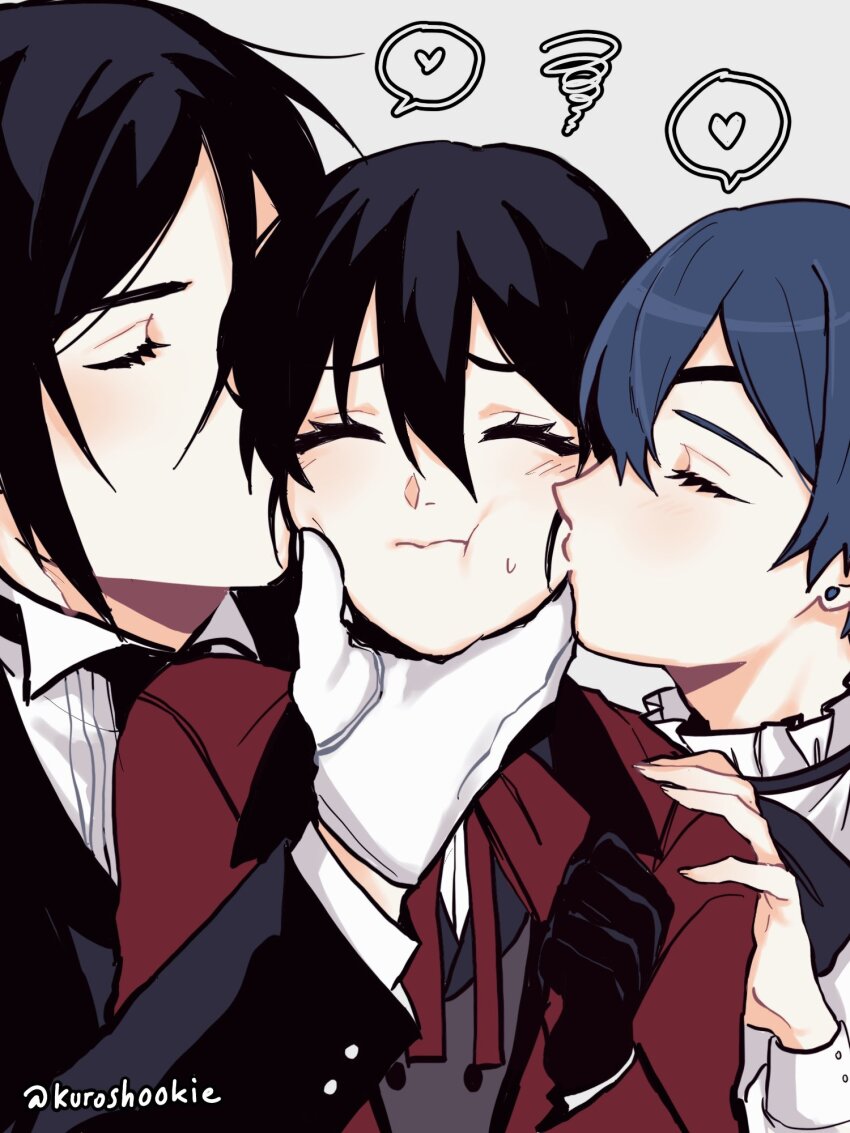 3boys :t black_hair blue_hair bow cheek_kiss child ciel_phantomhive closed_eyes double_cheek_kiss earrings eyelashes father_and_son gloves heart highres implied_yaoi jewelry kiss kissing_cheek kurosh00kie kuroshitsuji male_focus multiple_boys necktie ouji_fashion pale_skin sebastian_michaelis speech_bubble spoken_heart theo_(kurosh00kie) white_gloves