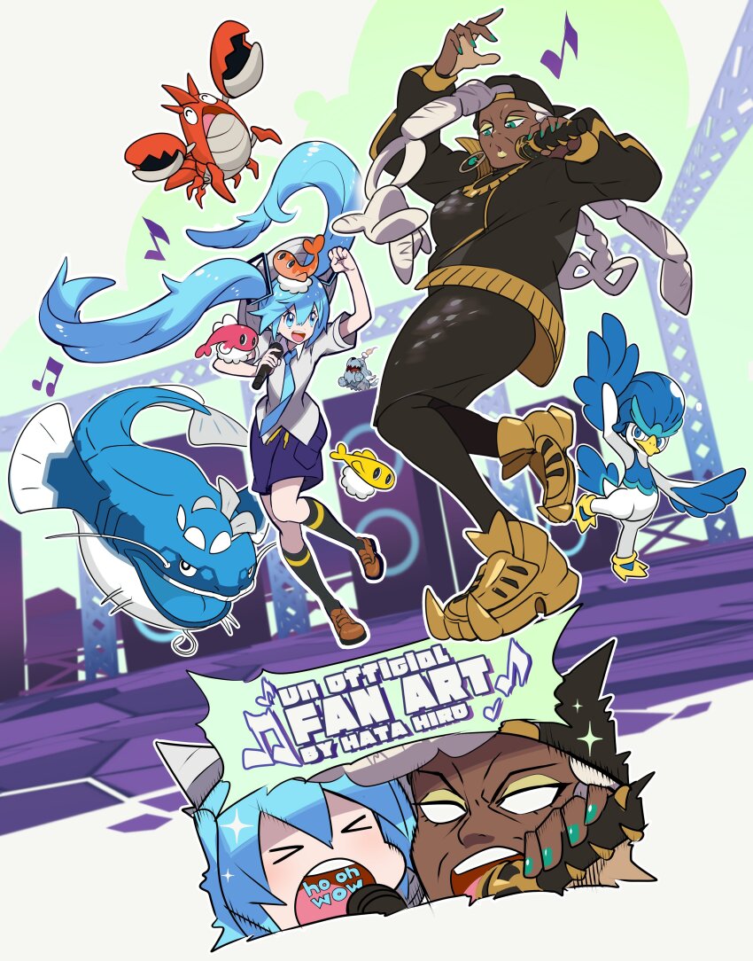 absurdres aqua_eyes aqua_hair aqua_necktie backwards_hat baseball_cap black_headwear black_jacket black_socks blank_eyes bright_pupils brown_footwear corphish cosplay dark-skinned_female dark_skin dondozo dreadlocks eyeshadow gen_3_pokemon gold_footwear greavard green_eyes green_nails grey_shirt hat hatsune_miku highres holding holding_microphone jacket jewelry juliana_(pokemon) juliana_(pokemon)_(cosplay) long_hair makeup manbou_no_ane mature_female microphone mirai_donna_darou_(vocaloid) multiple_girls music musical_note necktie nintendo open_mouth pokemon pokemon_(creature) pokemon_sv project_voltage purple_shorts quaxwell ryme_(pokemon) school_uniform shirt shorts singing smile socks tatsugiri tatsugiri_(curly) tatsugiri_(droopy) tatsugiri_(stretchy) twintails uva_academy_school_uniform very_dark_skin very_long_hair vocaloid white_hair white_pupils yellow_eyeshadow yellow_lips
