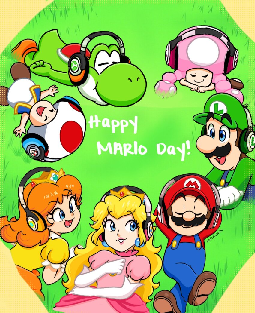 3boys 3girls blonde_hair blue_eyes brown_hair closed_eyes crown daisydylan06 dress earphones earrings facial_hair flower_earrings friends gloves grass grin hat highres jewelry long_hair looking_at_another luigi lying mario mario_(series) multiple_boys multiple_girls mustache nintendo orange_dress overalls pink_dress princess_daisy princess_peach puffy_short_sleeves puffy_sleeves short_sleeves smile super_mario_bros._wonder toad_(mario) toadette twintails yoshi