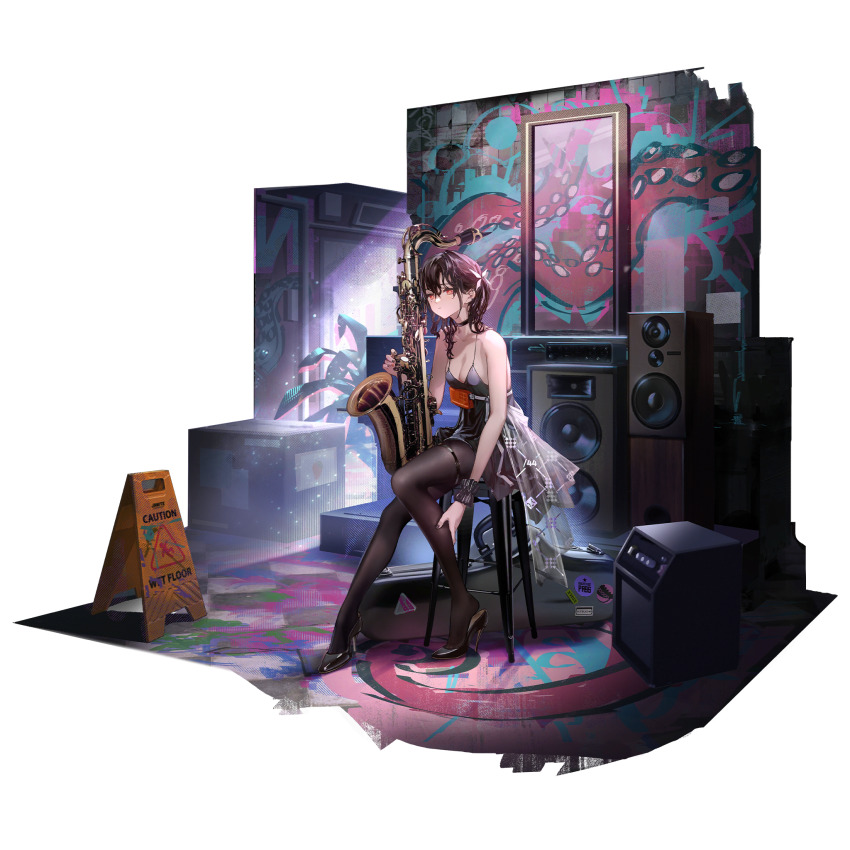1girl amplifier black_choker black_dress black_hair black_pantyhose black_shoes breasts choker cleavage dress full_body game_cg girls&#039;_frontline girls&#039;_frontline_neural_cloud hatsuchiri_(brass_bolero)_(neural_cloud) hatsuchiri_(neural_cloud) high_heels highres instrument instrument_case lin+ looking_at_viewer medium_breasts official_alternate_costume official_art on_stool pantyhose patent_heels pumps red_eyes saxophone shoes sign sitting speaker stiletto_heels third-party_source warning_sign wavy_hair