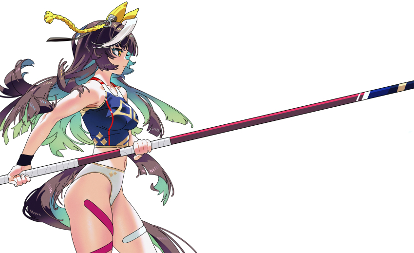 1girl absurdres ahoge alternate_costume animal_ears black_hair blue_sports_bra breasts buruma calstone_light_o_(umamusume) closed_mouth commentary_request cowboy_shot ear_covers ear_ornament hair_between_eyes hair_ornament highres holding holding_pole horse_ears horse_girl horse_tail long_hair medium_breasts midriff multicolored_hair navel pole sarcophage simple_background solo sports_bra streaked_hair tail tape tassel tassel_hair_ornament umamusume white_background white_buruma white_hair yellow_eyes