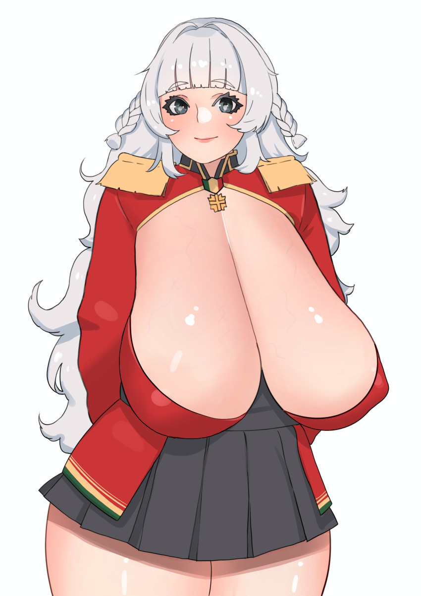 1girl absurdres arms_behind_back azur_lane black_skirt braid breasts cleavage commission commissioner_upload epaulettes grey_eyes grey_hair highres huge_breasts jacket leyton looking_at_viewer medal military_uniform miniskirt non-web_source red_jacket sagging_breasts sidelocks skeb_commission skirt smile solo thighs twin_braids veins veiny_breasts vittorio_veneto_(azur_lane) white_hair