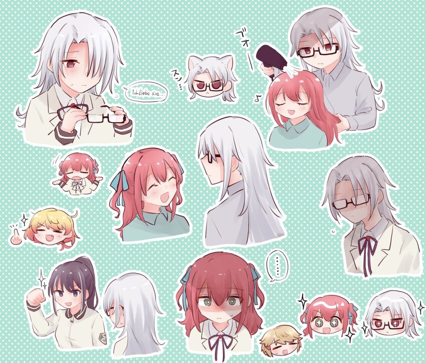+_+ ... 5girls :&lt; :d =_= ^_^ ahoge animal_ears aqua_background aqua_shirt arm_at_side arms_at_sides black-framed_eyewear black_eyes black_hair blonde_hair blue_ribbon blush bright_pupils brown_jacket cat_ears chibi clenched_hand closed_eyes closed_mouth collared_shirt commentary_request cropped_torso drying_another&#039;s_hair drying_hair eighth_note emphasis_lines facing_another fang german_text glasses gradient_hair green_eyes grey_hair grey_shirt hair_between_eyes hair_down hair_dryer hair_ornament hair_over_one_eye hair_ribbon hairclip hand_up hands_up head_only high_ponytail highres holding holding_another&#039;s_hair holding_hair_dryer holding_removed_eyewear index_finger_raised jacket kaquni kemonomimi_mode kobato_ryouko long_hair long_sleeves looking_at_another looking_at_viewer moriyasu_kuina motion_lines multicolored_hair multiple_girls multiple_views musical_note neck_ribbon nose_blush one_eye_covered oogami_shiro opaque_glasses open_mouth orange_hair outline polka_dot polka_dot_background ponytail profile purple_ribbon red_eyes red_hair ribbon school_uniform semi-rimless_eyewear shade shaded_face shirt short_hair shoujo_kageki_revue_starlight shoujo_kageki_revue_starlight_-re_live- shrugging smile sparkle speech_bubble spoken_ellipsis streaked_hair sweat takachiho_stella track_jacket translation_request two-tone_hair two_side_up umibe_minku under-rim_eyewear unworn_eyewear upper_body v-shaped_eyebrows white_outline white_pupils white_shirt