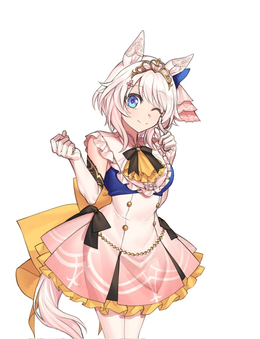 1girl ascot black_ribbon blue_eyes bow bright_pupils brooch commentary dress ear_covers elbow_gloves flower frilled_dress frills fukuro_(maruaru00) gem gloves gold_trim hair_between_eyes hair_bow hair_flower hair_ornament head_tilt highres horse_tail huge_bow jewelry layered_dress looking_at_viewer mole mole_under_eye neck_ribbon one_eye_closed orange_ascot original pantyhose personification pink_dress pink_gemstone pink_hair pink_pantyhose ribbon short_hair sidelocks sodashi_(racehorse) tail tiara umamusume waist_bow white_gloves