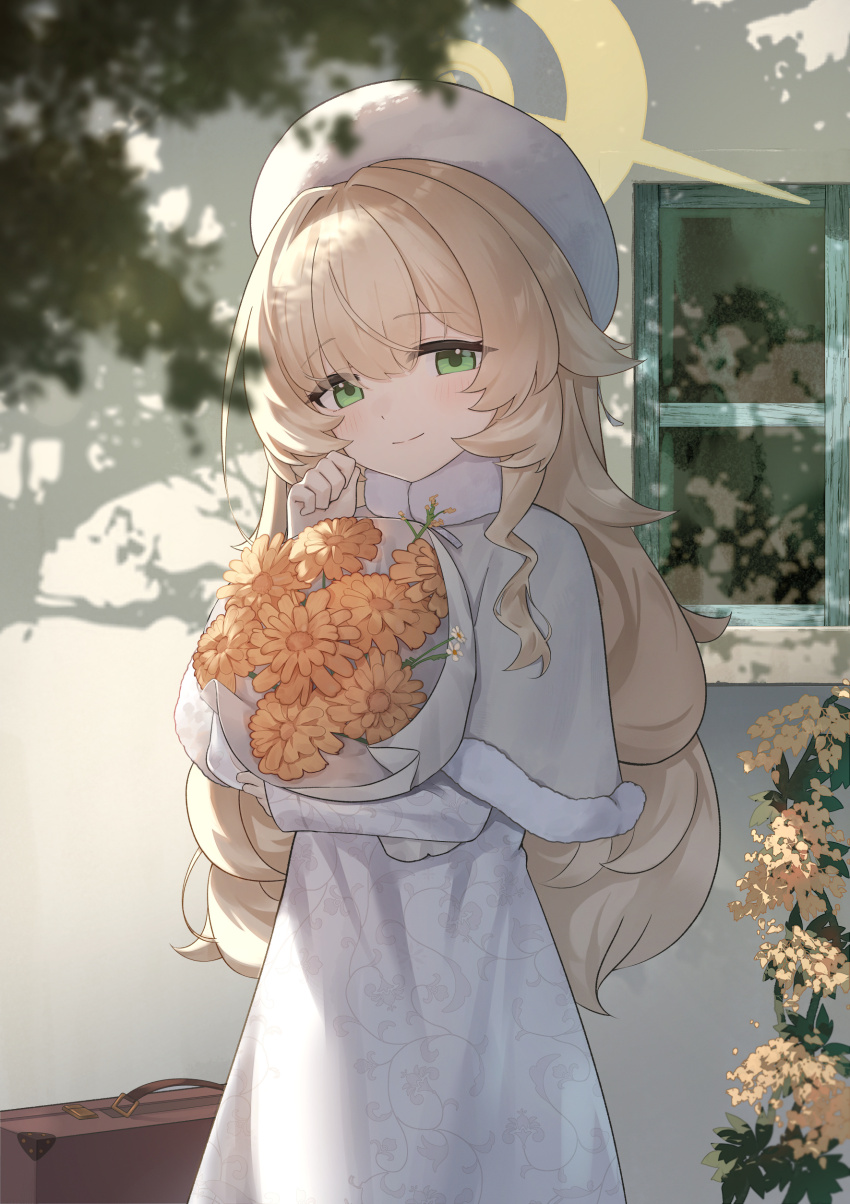 1girl absurdres autumn beret blonde_hair blue_archive blush bouquet capelet ciza_gomi commentary dress floral_print floral_print_dress flower fluffy_hair fur-trimmed_capelet fur_trim green_eyes halo hand_on_own_face hat highres holding holding_bouquet long_hair looking_at_viewer orange_flower print_dress professor_niyaniya_(blue_archive) side_ahoge smile suitcase very_long_hair white_capelet white_dress white_hat yellow_halo